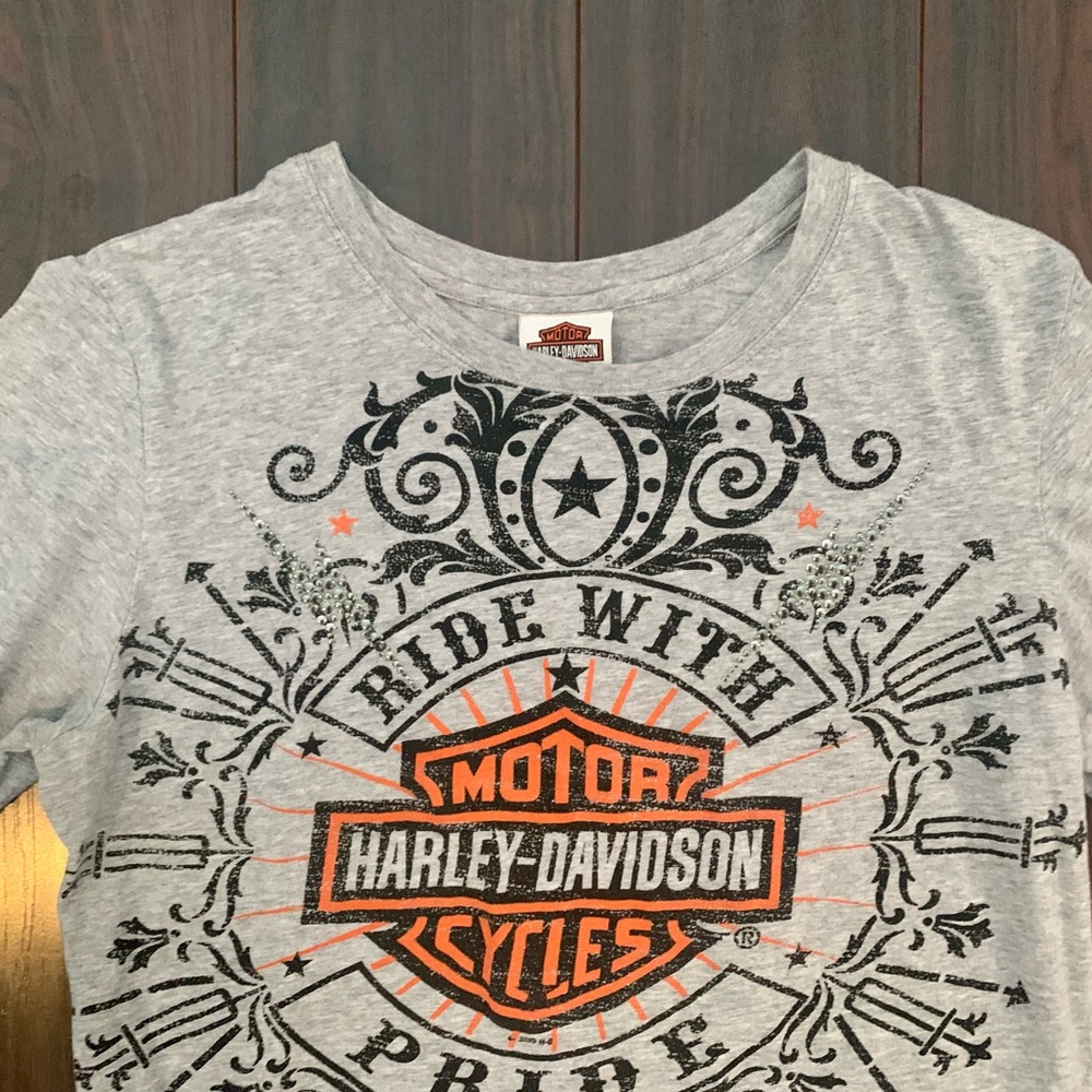 Heathered Gray Worn Look Long Sleeve Harley Top XL
